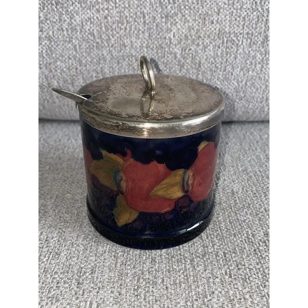 Rare Vintage Moorcroft Sterling Silver Art Pottery Jar & Spoon Antique Sugar